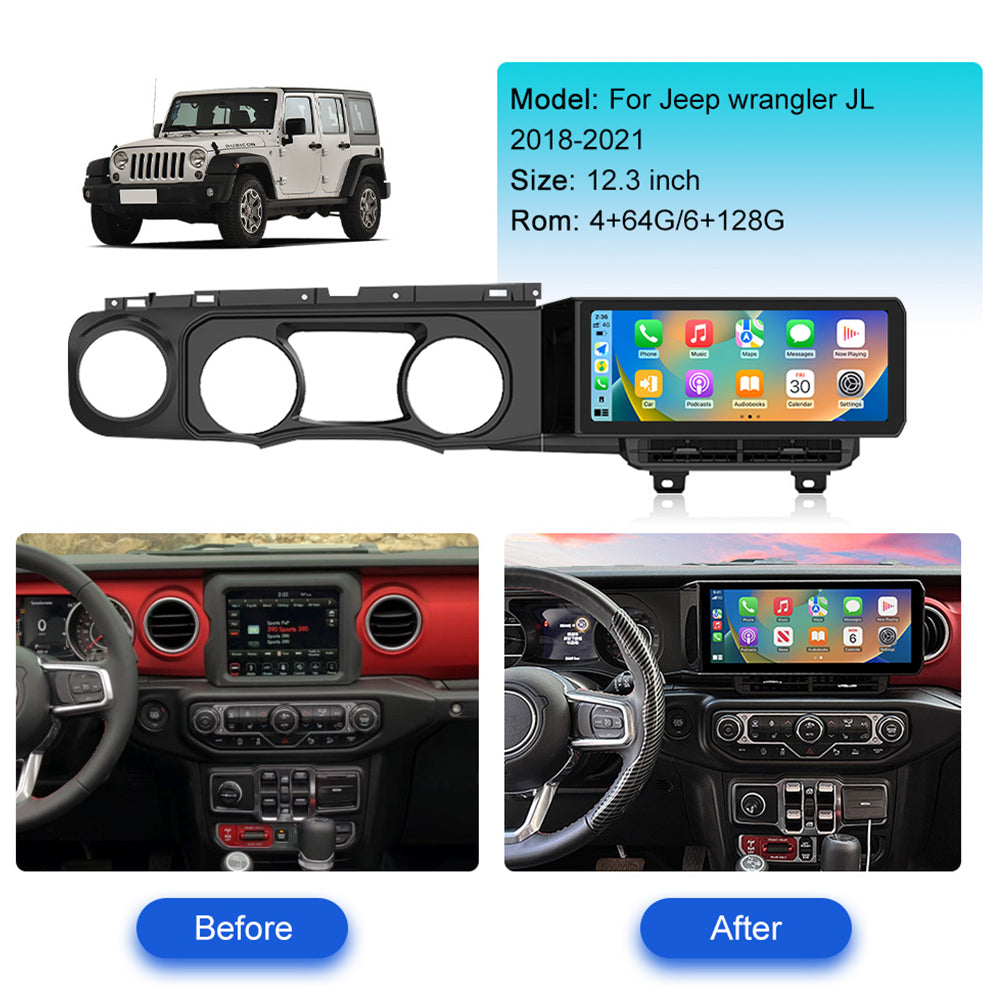 Jeep Wrangler 2018-2021 Wireless Carplay & Android Auto Screen 12.3 Inch Black