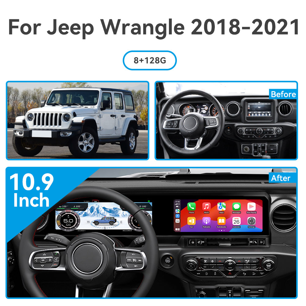 For Jeep Wrangler JK 2018-2023 Wireless CarPlay & Android Auto Dual Screen (10.9 + 10.9") Car Stereo Upgrade