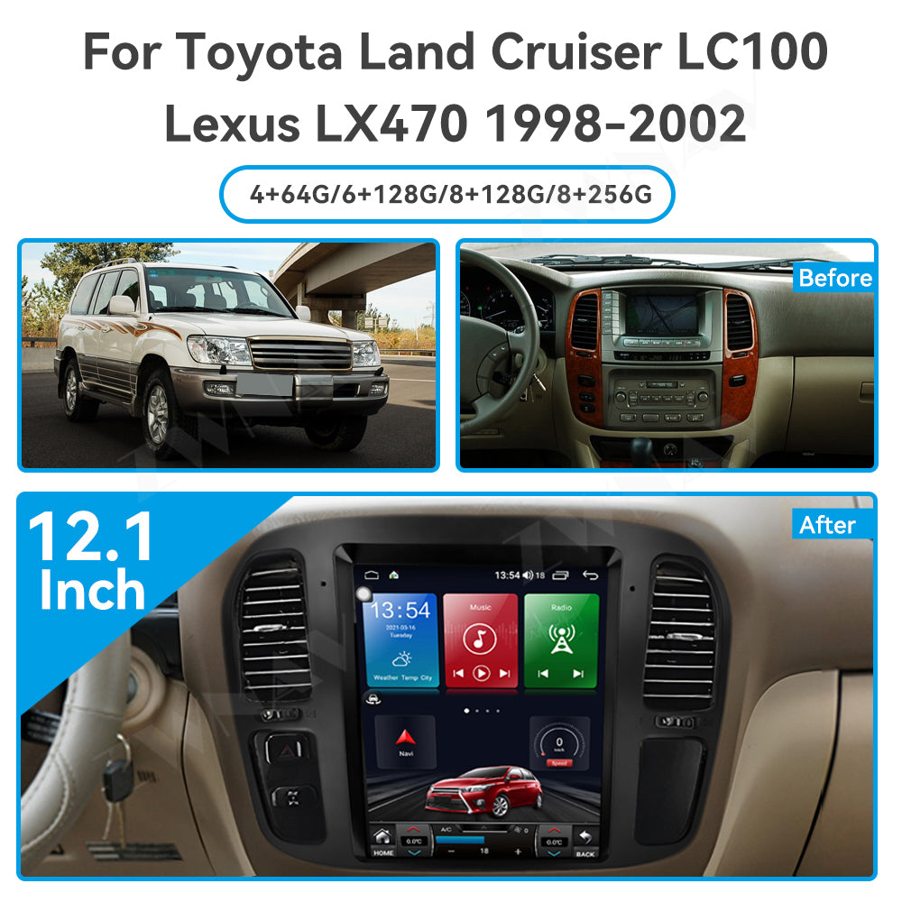 12.1 Inch Tesla Style Vertical Screen Android 13 Car Stereo, GPS Navigation Multimedia Player, Bluetooth WiFi Car Radio for Toyota Land Cruiser LC100 / Lexus LX470 1998-2002