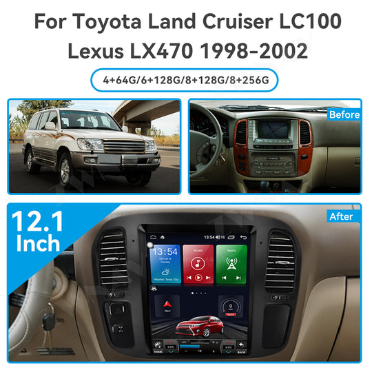 12.1 Inch Tesla Style Vertical Screen Android 13 Car Stereo, GPS Navigation Multimedia Player, Bluetooth WiFi Car Radio for Toyota Land Cruiser LC100 / Lexus LX470 1998-2002