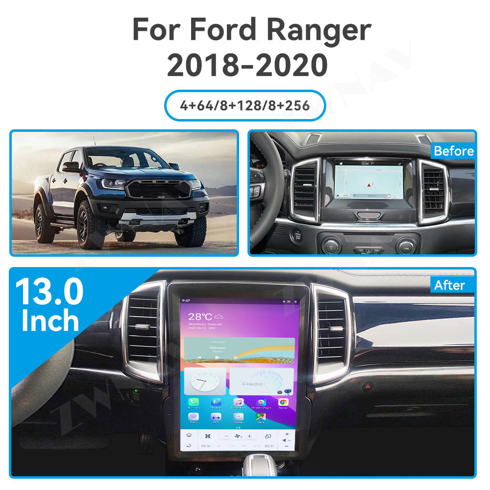 Ford Ranger 2008-2021 Wireless Carplay & Android Auto Tesla-style Screen 13 Inch